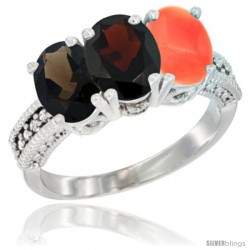 14K White Gold Natural Smoky Topaz, Garnet & Coral Ring 3-Stone 7x5 mm Oval Diamond Accent