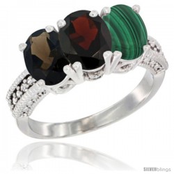 14K White Gold Natural Smoky Topaz, Garnet & Malachite Ring 3-Stone 7x5 mm Oval Diamond Accent