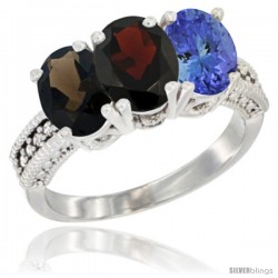 14K White Gold Natural Smoky Topaz, Garnet & Tanzanite Ring 3-Stone 7x5 mm Oval Diamond Accent