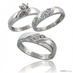 Sterling Silver 3-Piece Trio His (6mm) & Hers (4.5mm) Diamond Wedding Band Set, w/ 0.10 Carat Brilliant Cut Diamonds