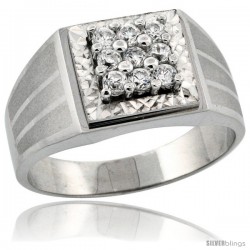 Sterling Silver Men's 9-Stone Frosted Stripe Sides Square Ring Brilliant Cut CZ Stones, 1/2 in (11 mm) wide