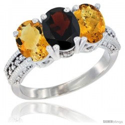 10K White Gold Natural Citrine, Garnet & Whisky Quartz Ring 3-Stone Oval 7x5 mm Diamond Accent