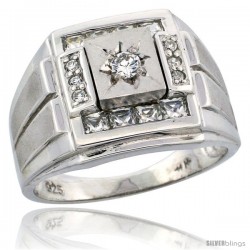 Sterling Silver Men's Frosted Stripe Sides Square Ring Princess & Brilliant Cut CZ Stones, 5/8 in (16 mm) wide