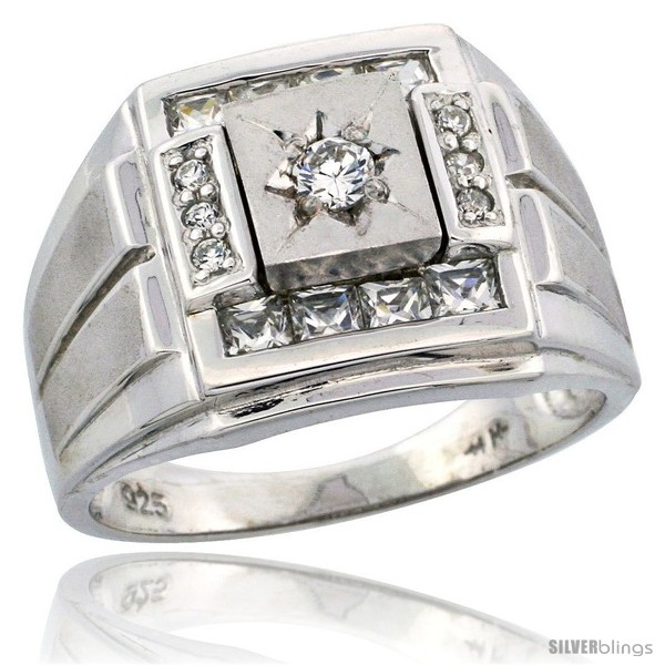 16mm Sterling Silver Mens Frosted Stripe Sides Square Ring w/ Princess & Brilliant Cut CZ Stones 5/8 in. size 12 wide 