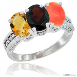 10K White Gold Natural Citrine, Garnet & Coral Ring 3-Stone Oval 7x5 mm Diamond Accent