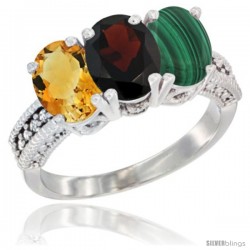 10K White Gold Natural Citrine, Garnet & Malachite Ring 3-Stone Oval 7x5 mm Diamond Accent