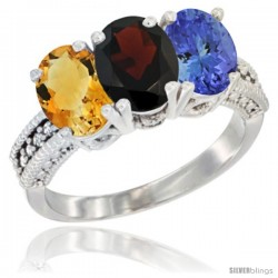 10K White Gold Natural Citrine, Garnet & Tanzanite Ring 3-Stone Oval 7x5 mm Diamond Accent