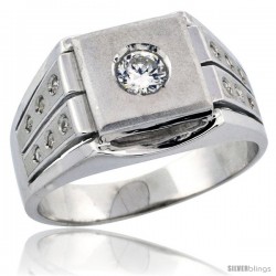 Sterling Silver Men's Frosted Solitaire Square Ring Brilliant Cut CZ Stones, 1/2 in (12 mm) wide