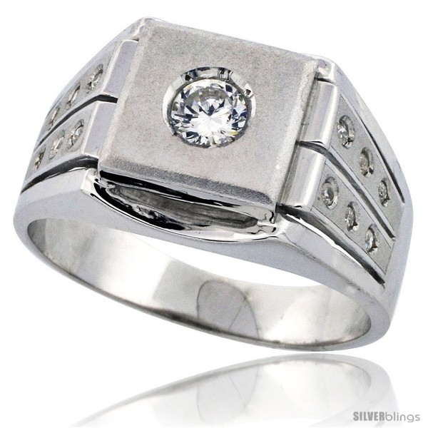 1/2 in. wide Sterling Silver Mens Frosted Solitaire Square Ring w/ Brilliant Cut CZ Stones size 8 12mm