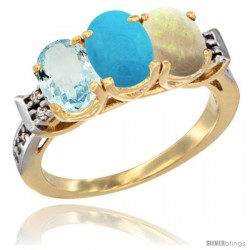 10K Yellow Gold Natural Aquamarine, Turquoise & Opal Ring 3-Stone Oval 7x5 mm Diamond Accent