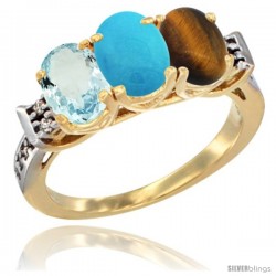 10K Yellow Gold Natural Aquamarine, Turquoise & Tiger Eye Ring 3-Stone Oval 7x5 mm Diamond Accent