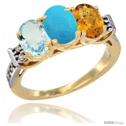 10K Yellow Gold Natural Aquamarine, Turquoise & Whisky Quartz Ring 3-Stone Oval 7x5 mm Diamond Accent