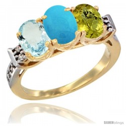 10K Yellow Gold Natural Aquamarine, Turquoise & Lemon Quartz Ring 3-Stone Oval 7x5 mm Diamond Accent