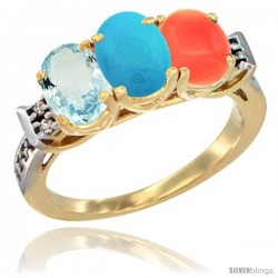 10K Yellow Gold Natural Aquamarine, Turquoise & Coral Ring 3-Stone Oval 7x5 mm Diamond Accent