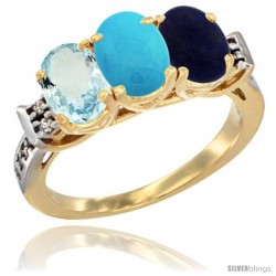 10K Yellow Gold Natural Aquamarine, Turquoise & Lapis Ring 3-Stone Oval 7x5 mm Diamond Accent