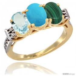10K Yellow Gold Natural Aquamarine, Turquoise & Malachite Ring 3-Stone Oval 7x5 mm Diamond Accent