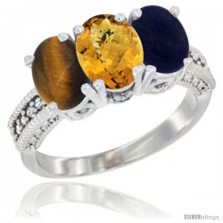 14K White Gold Natural Tiger Eye, Whisky Quartz & Lapis Ring 3-Stone 7x5 mm Oval Diamond Accent