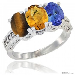 14K White Gold Natural Tiger Eye, Whisky Quartz & Tanzanite Ring 3-Stone 7x5 mm Oval Diamond Accent