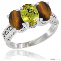 14K White Gold Natural Lemon Quartz & Tiger Eye Sides Ring 3-Stone 7x5 mm Oval Diamond Accent