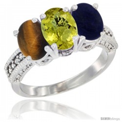 14K White Gold Natural Tiger Eye, Lemon Quartz & Lapis Ring 3-Stone 7x5 mm Oval Diamond Accent