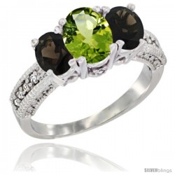 14k White Gold Ladies Oval Natural Peridot 3-Stone Ring with Smoky Topaz Sides Diamond Accent