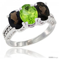 14K White Gold Natural Peridot & Smoky Topaz Ring 3-Stone 7x5 mm Oval Diamond Accent