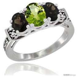 14K White Gold Natural Peridot & Smoky Topaz Ring 3-Stone Oval with Diamond Accent