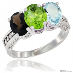 14K White Gold Natural Smoky Topaz, Peridot & Aquamarine Ring 3-Stone 7x5 mm Oval Diamond Accent