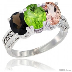 14K White Gold Natural Smoky Topaz, Peridot & Morganite Ring 3-Stone 7x5 mm Oval Diamond Accent