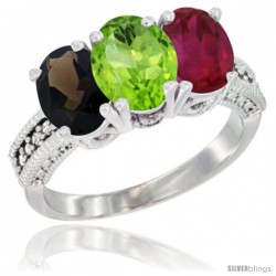 14K White Gold Natural Smoky Topaz, Peridot & Ruby Ring 3-Stone 7x5 mm Oval Diamond Accent