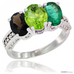 14K White Gold Natural Smoky Topaz, Peridot & Emerald Ring 3-Stone 7x5 mm Oval Diamond Accent