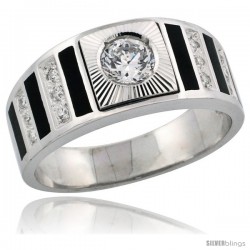 Sterling Silver Men's Striped Solitaire Ring Band Brilliant Cut CZ Stones, 3/8 in (9 mm) wide