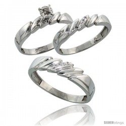 Sterling Silver 3-Piece Trio His (5mm) & Hers (4mm) Diamond Wedding Band Set, w/ 0.10 Carat Brilliant Cut Diamonds