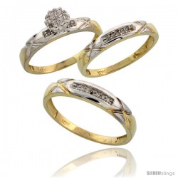 10k Yellow Gold Diamond Trio Engagement Wedding Ring 3-piece Set for Him & Her 4 mm & 3.5 mm wide 0.13 cttw Brilliant Cut