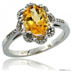 10k White Gold Diamond Halo Citrine Ring 1.65 Carat Oval Shape 9X7 mm, 7/16 in (11mm) wide