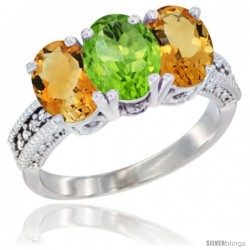 10K White Gold Natural Peridot & Citrine Sides Ring 3-Stone Oval 7x5 mm Diamond Accent