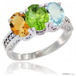 10K White Gold Natural Citrine, Peridot & Aquamarine Ring 3-Stone Oval 7x5 mm Diamond Accent