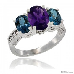 10K White Gold Ladies Natural Amethyst Oval 3 Stone Ring with London Blue Topaz Sides Diamond Accent