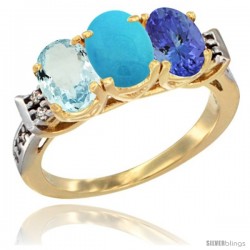 10K Yellow Gold Natural Aquamarine, Turquoise & Tanzanite Ring 3-Stone Oval 7x5 mm Diamond Accent