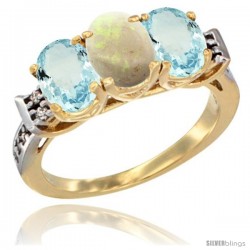 10K Yellow Gold Natural Opal & Aquamarine Sides Ring 3-Stone Oval 7x5 mm Diamond Accent