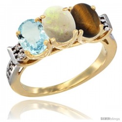 10K Yellow Gold Natural Aquamarine, Opal & Tiger Eye Ring 3-Stone Oval 7x5 mm Diamond Accent