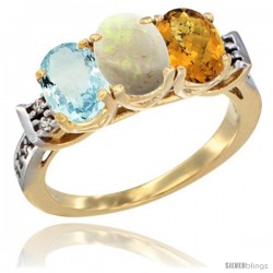 10K Yellow Gold Natural Aquamarine, Opal & Whisky Quartz Ring 3-Stone Oval 7x5 mm Diamond Accent