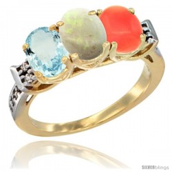 10K Yellow Gold Natural Aquamarine, Opal & Coral Ring 3-Stone Oval 7x5 mm Diamond Accent