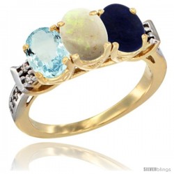 10K Yellow Gold Natural Aquamarine, Opal & Lapis Ring 3-Stone Oval 7x5 mm Diamond Accent