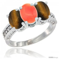 14K White Gold Natural Coral & Tiger Eye Sides Ring 3-Stone 7x5 mm Oval Diamond Accent