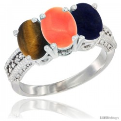 14K White Gold Natural Tiger Eye, Coral & Lapis Ring 3-Stone 7x5 mm Oval Diamond Accent