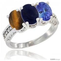 14K White Gold Natural Tiger Eye, Lapis & Tanzanite Ring 3-Stone 7x5 mm Oval Diamond Accent