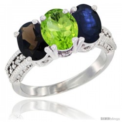 14K White Gold Natural Smoky Topaz, Peridot & Blue Sapphire Ring 3-Stone 7x5 mm Oval Diamond Accent