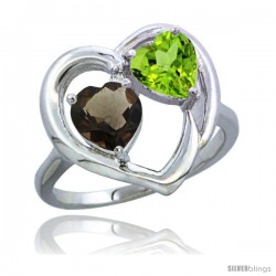 14k White Gold 2-Stone Heart Ring 6mm Natural Smoky Topaz & Peridot Diamond Accent