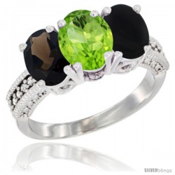 14K White Gold Natural Smoky Topaz, Peridot & Black Onyx Ring 3-Stone 7x5 mm Oval Diamond Accent